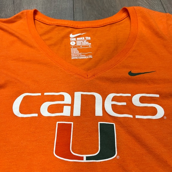 Nike University of Miami “Canes” Orange V-Neck T-Shirt Size Large - Picture 2 of 5